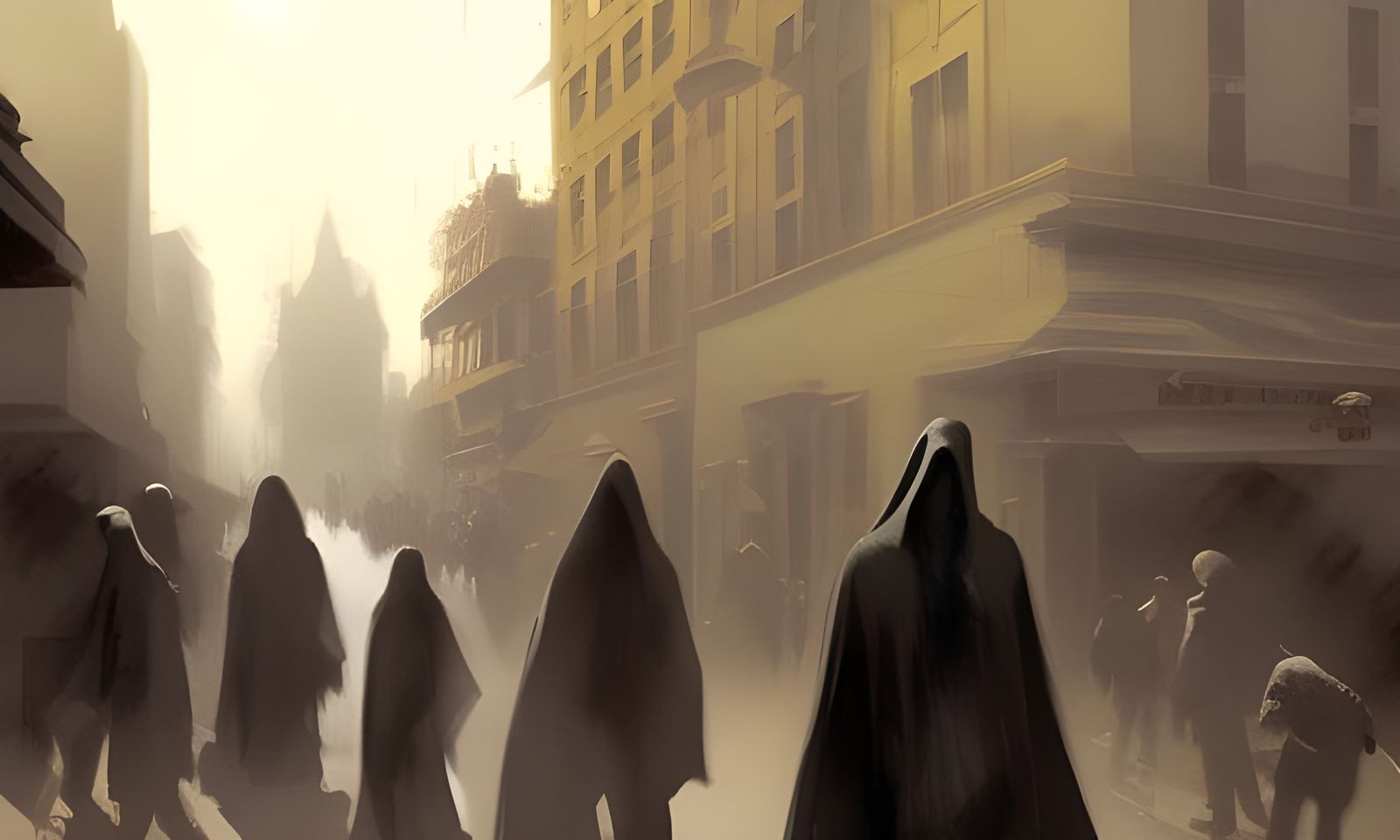 Cloaked Figures in Cityscape, Painterly Style
