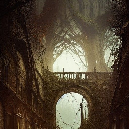 Dark Fantasy City Ablaze with Nature