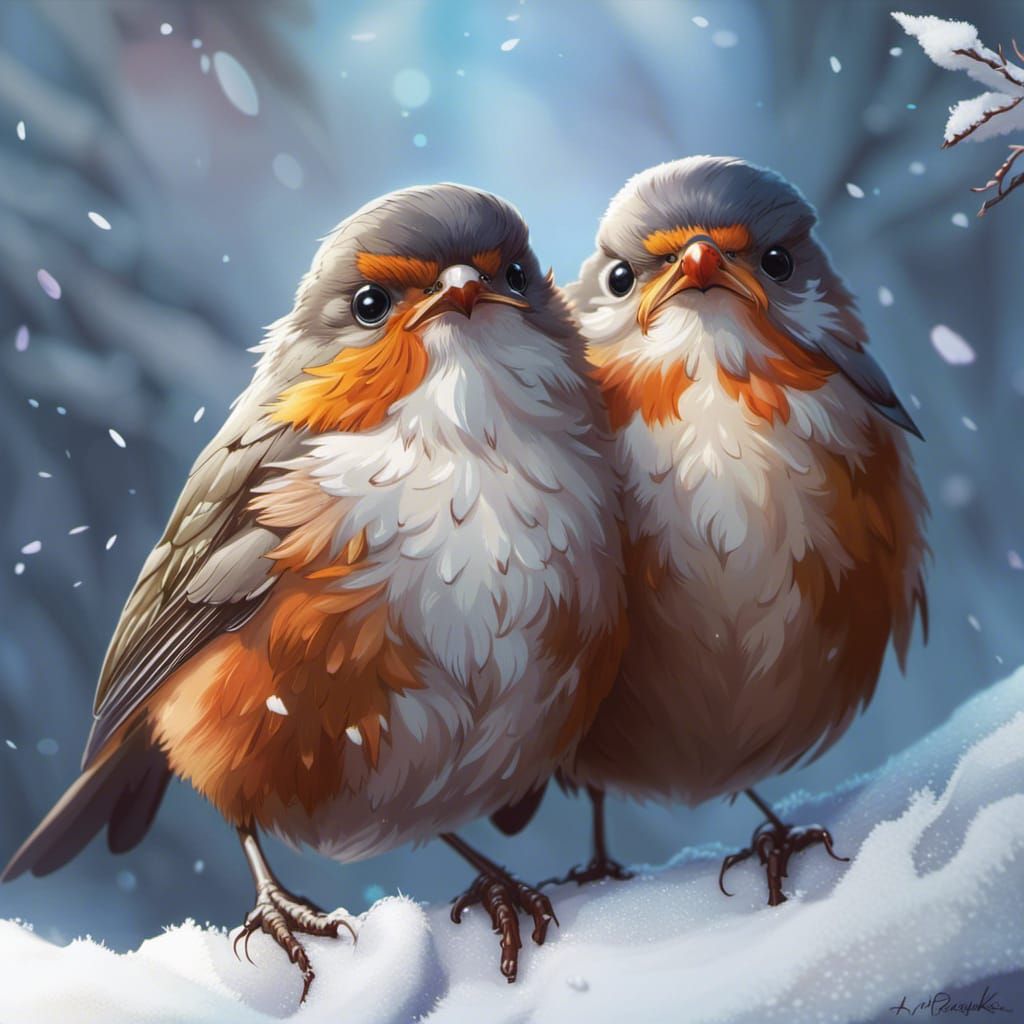 Fluffy Robins Cuddling in Winter Snow