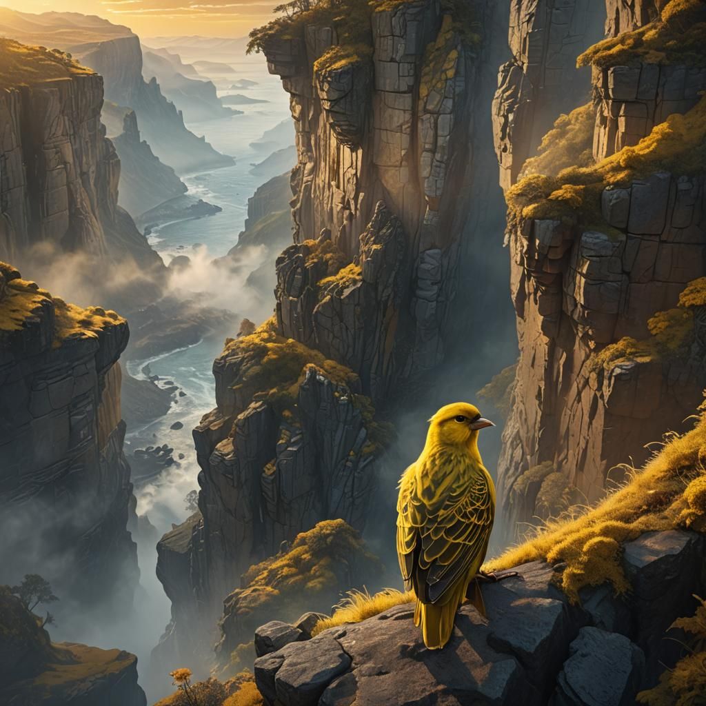 Canary on Cliff at Sunrise, Fantasy Concept Art