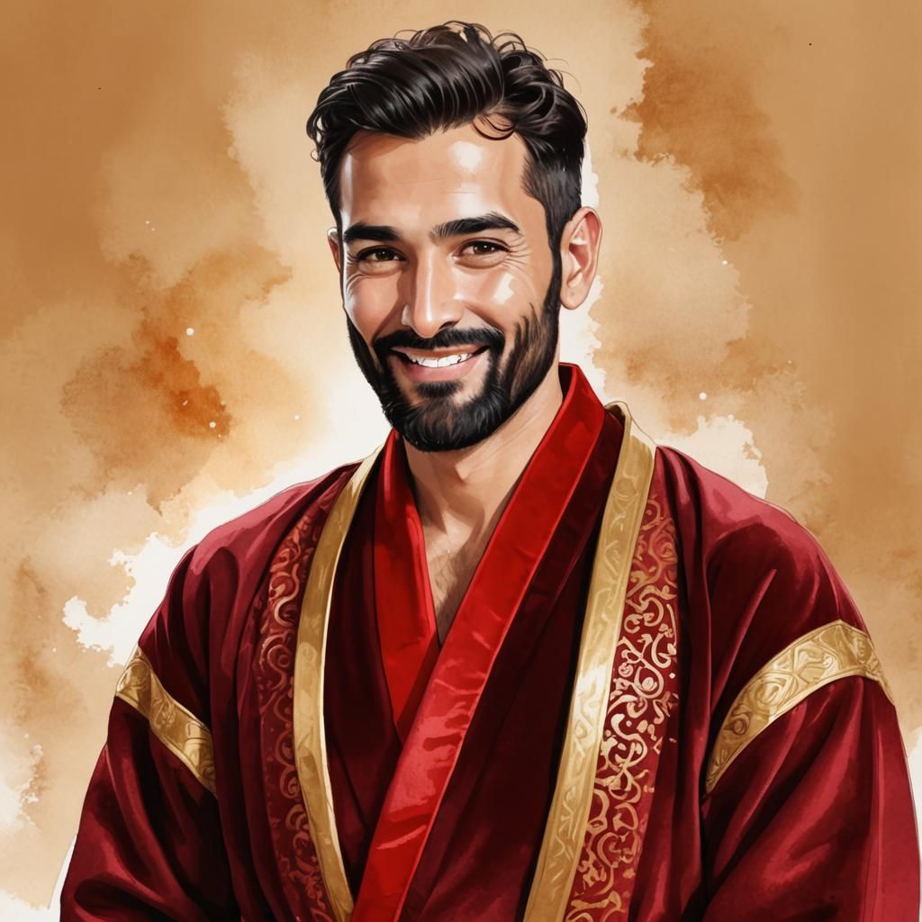 Smiling Man in Velvet Bathrobe with Cosmic Sky