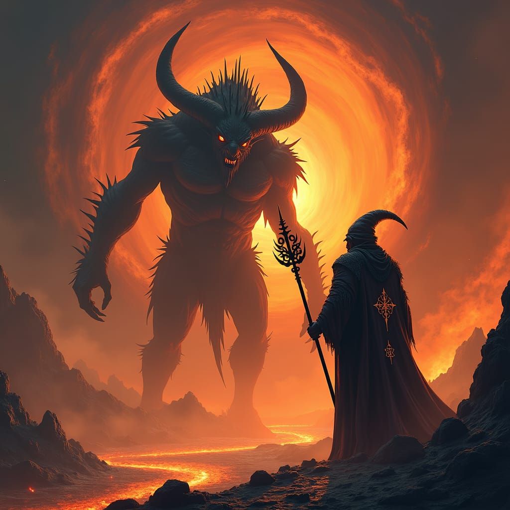 Demon Confronts Wizard in Hellish Landscape