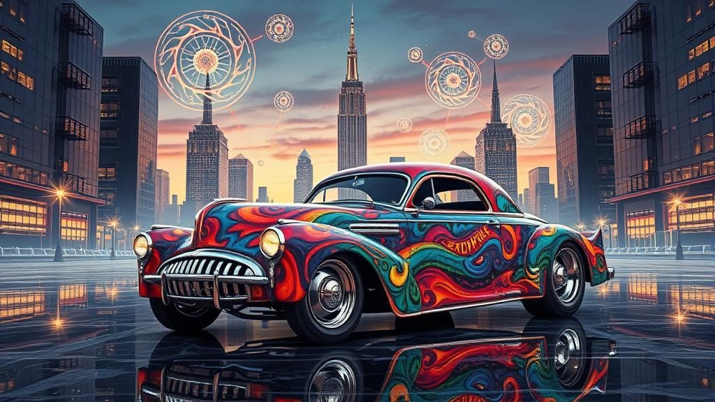 Vintage Hot Rod in Mirrored Cityscape, Watercolor Style