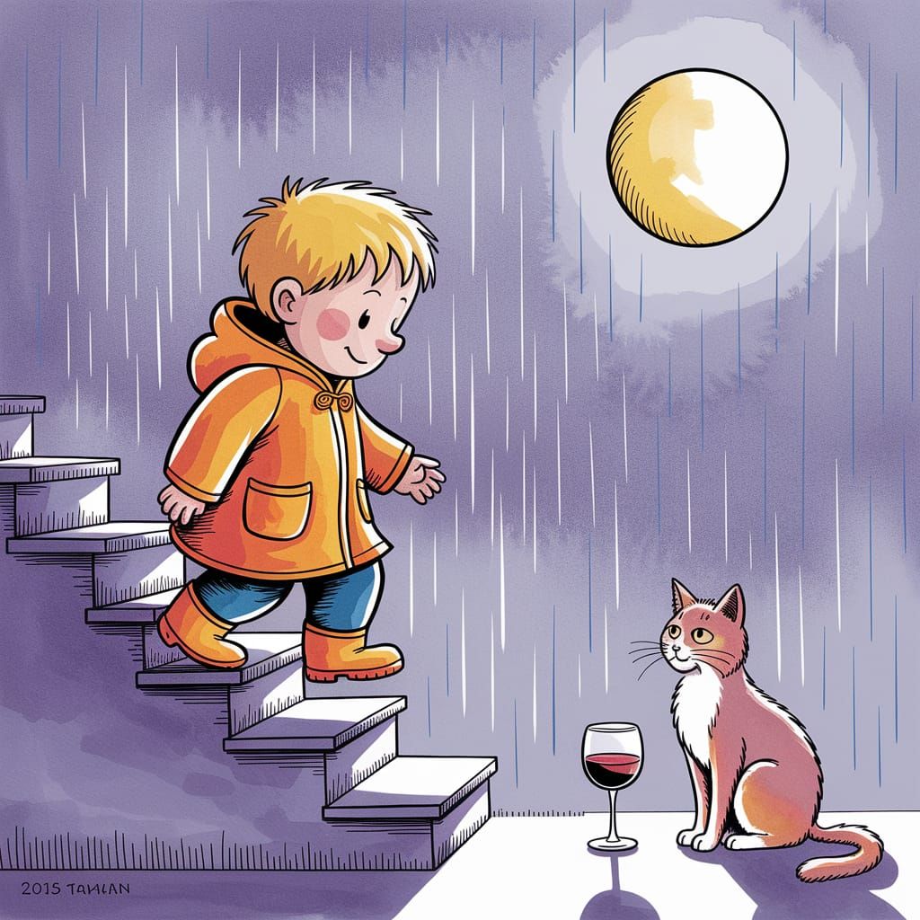 Surreal Cartoon Boy Departs Under Luminous Moonlight