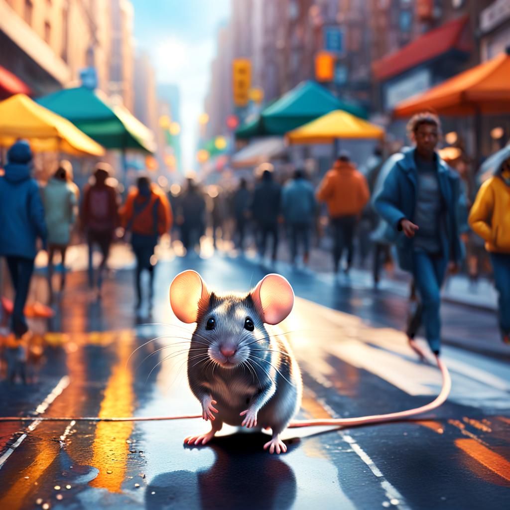 Mouse in Crowded City Street: Hyperrealistic Concept Art