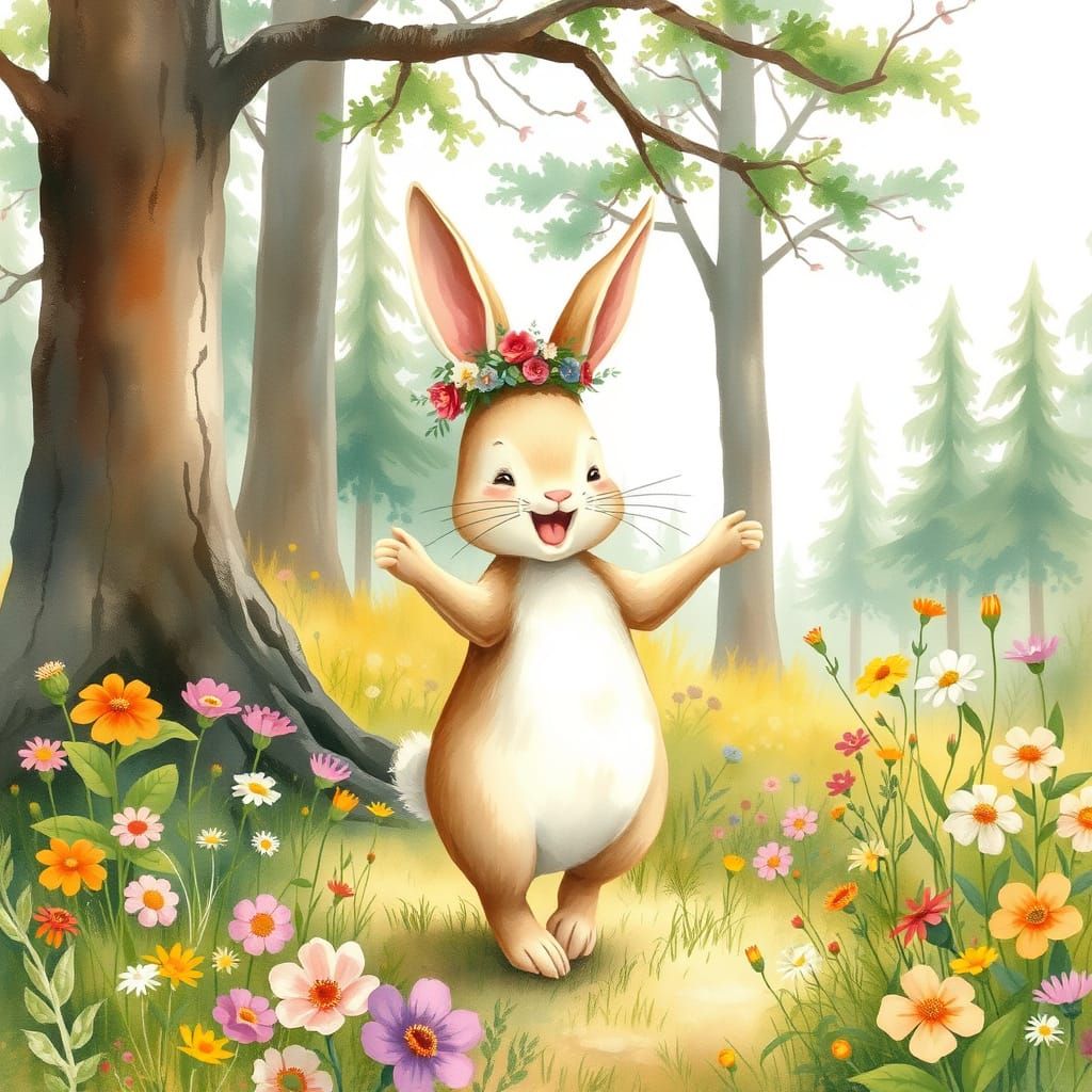 Laughing Bunny with Flower Crown in Sunny Forest