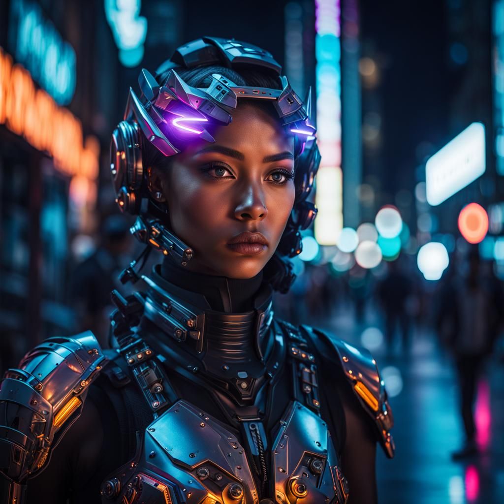 Cyborg Girl Portrait in Neon Cityscape