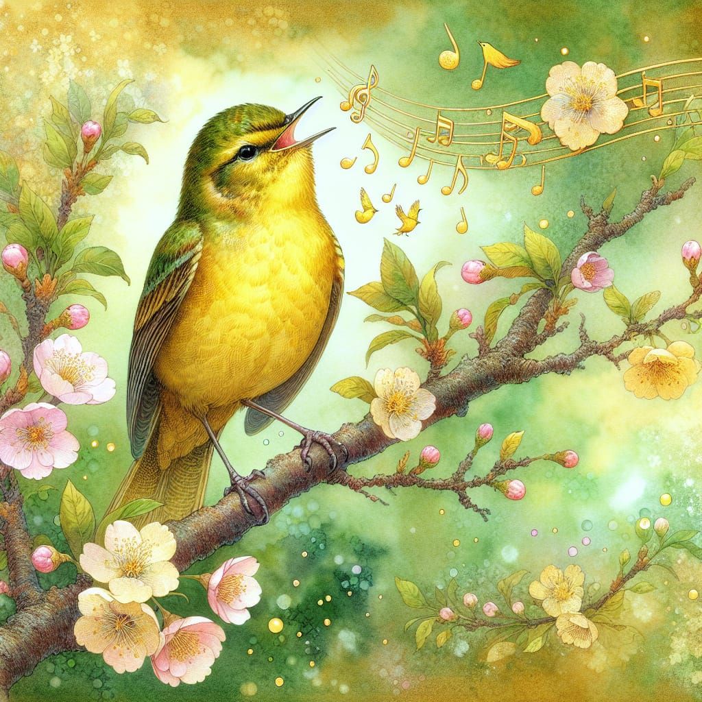 Yellow Nightingale Singing on Sakura Branch in Watercolor St...