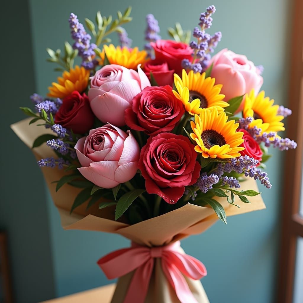 Lush Bouquet with Roses, Peonies, and Sunflowers