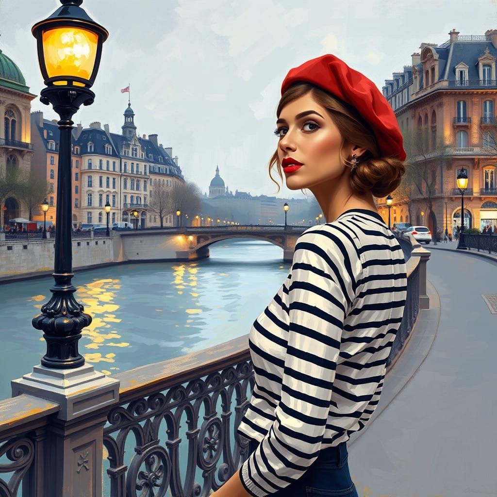 Elegant Woman Strolls Along the Seine in Impressionist Style