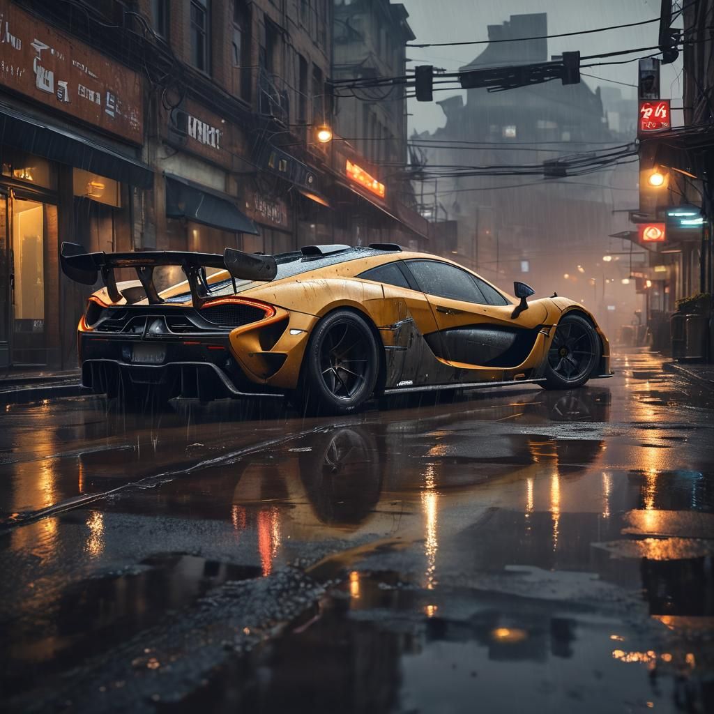 A huge, rusted super car Mclaren P1 GTR Headlights on in the center of the scene three quarter face from a low angle in ...