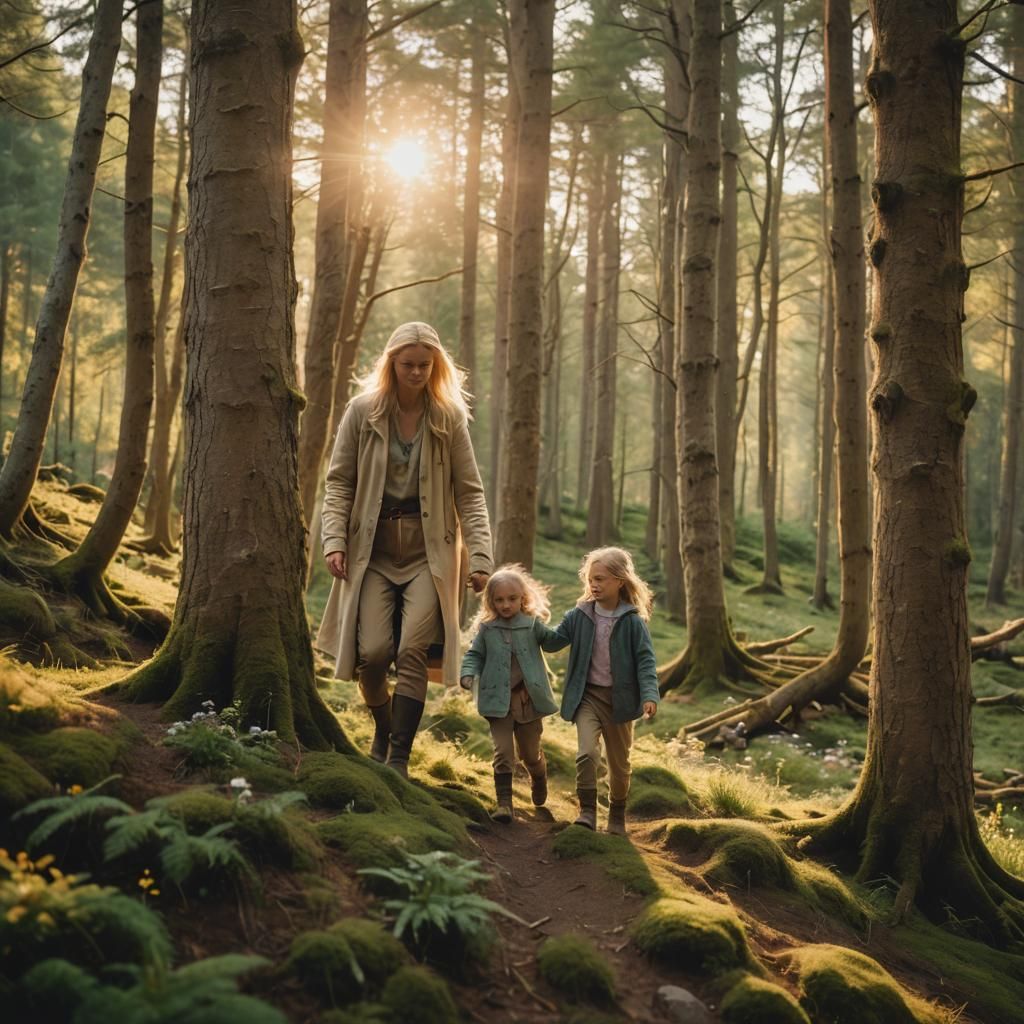 Nordic Woman and Daughter in Forest, Cinematic Style
