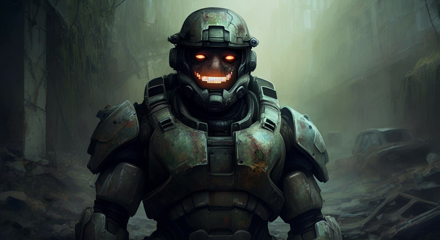 Post-Apocalyptic Exosuit Figure in Digital Art Style