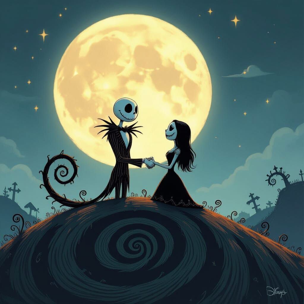 Jack and Sally Hold Hands Under Ethereal Moon