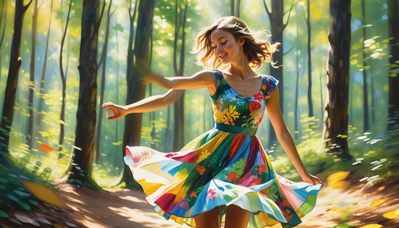 Woman Dancing in Sunlit Forest: Oil Painting