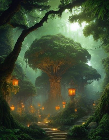 Fantasy Novel Cover Art of Towering Greensky Trees Under Gol...