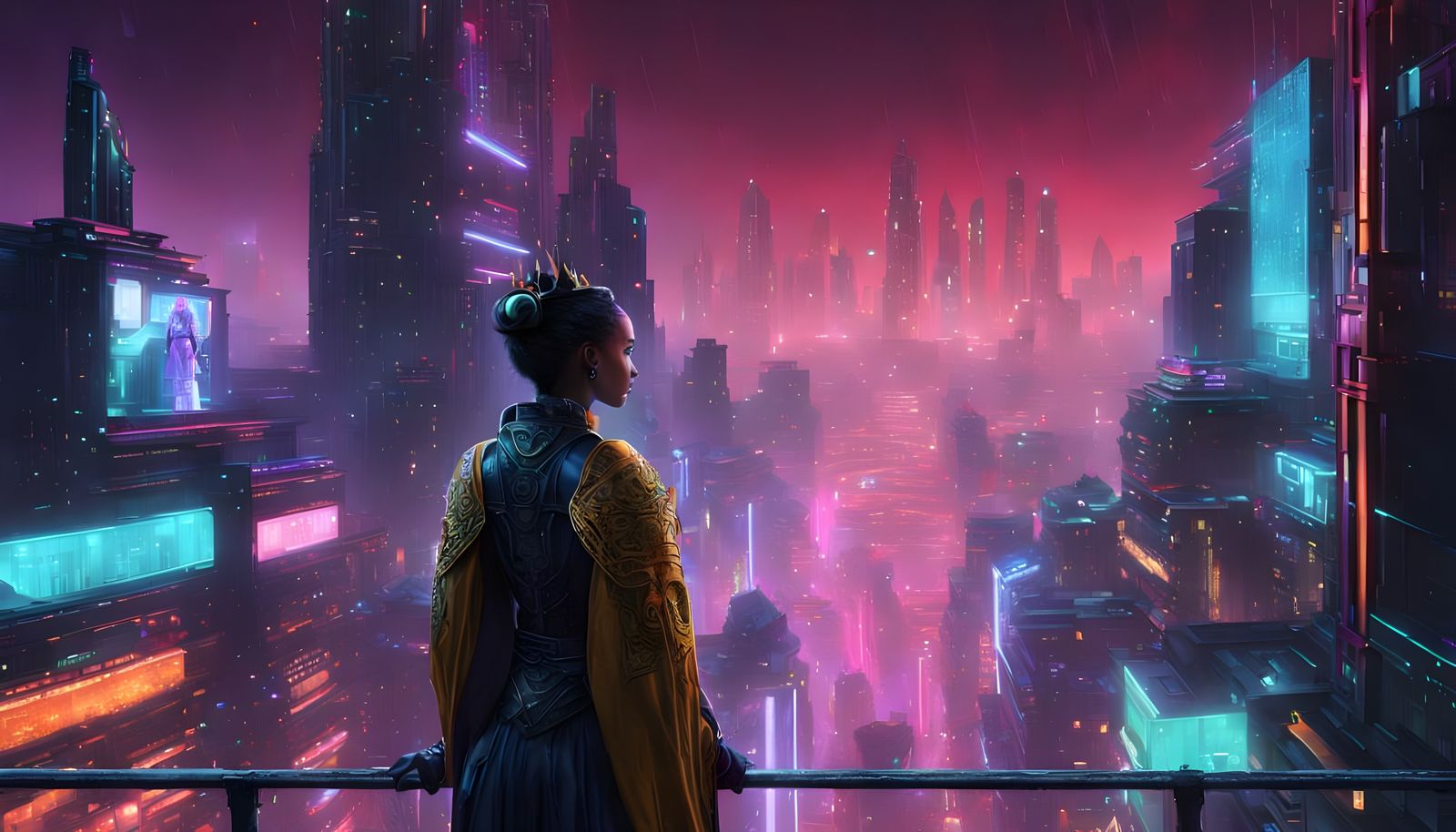 Queen Overlooks Neon Cyberpunk City at Midnight