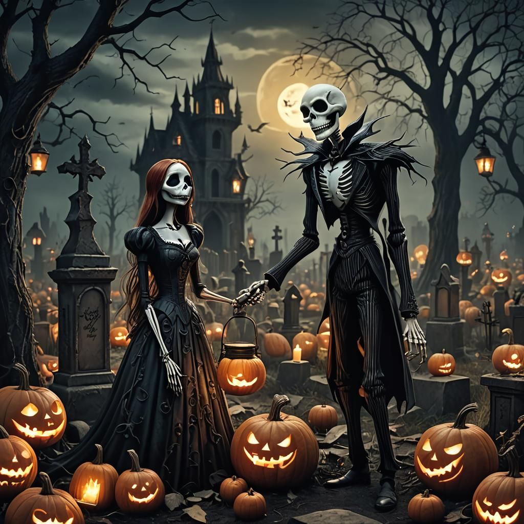 Jack and Sally in Graveyard, Dark Fantasy Illustration