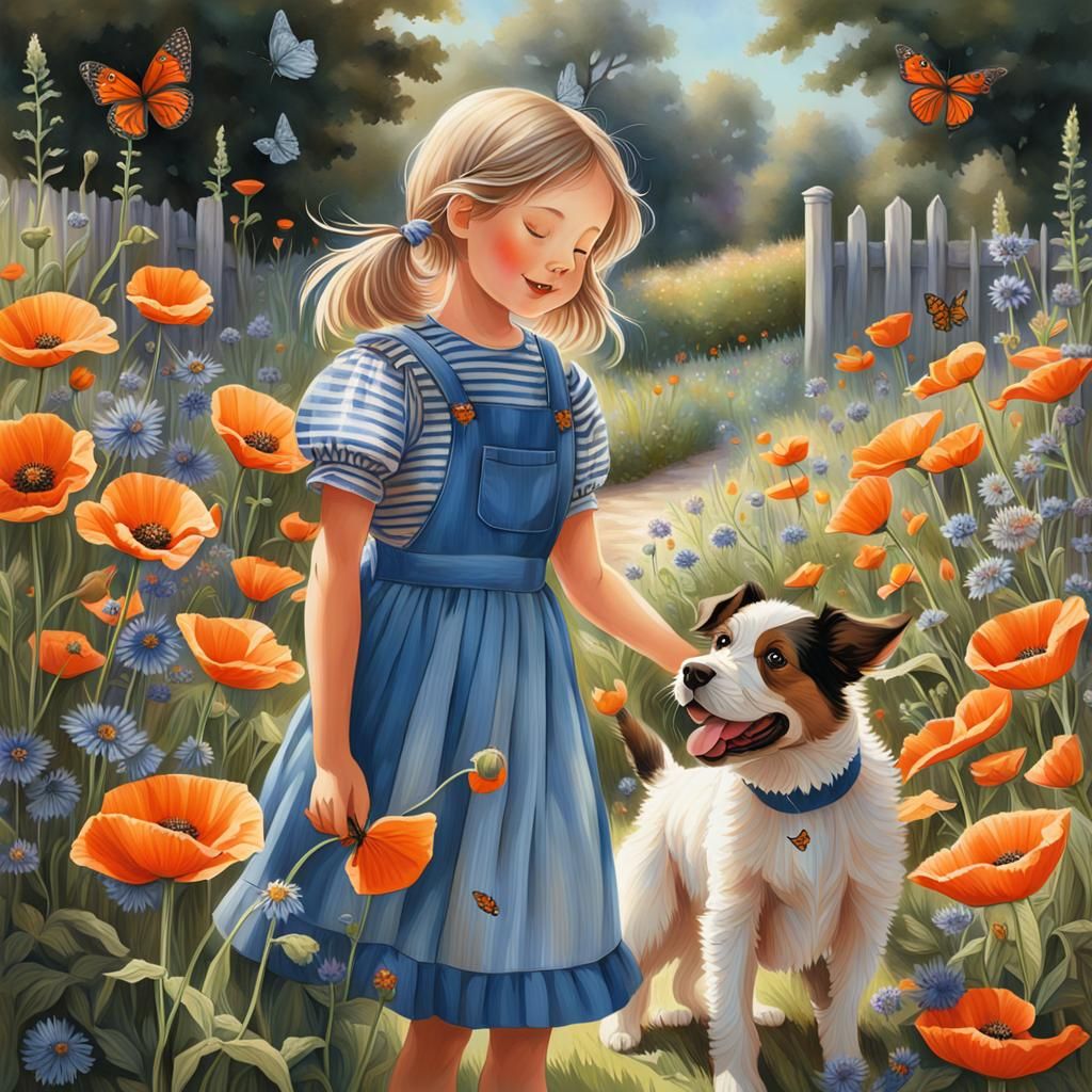 Girl, Puppy, and Poppy in Summer Garden
