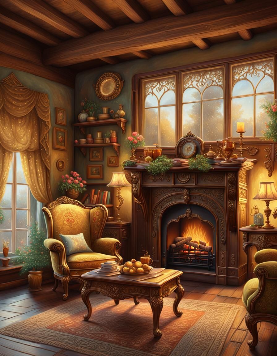 Cozy Cottage Interior Oil Painting with Fireplace