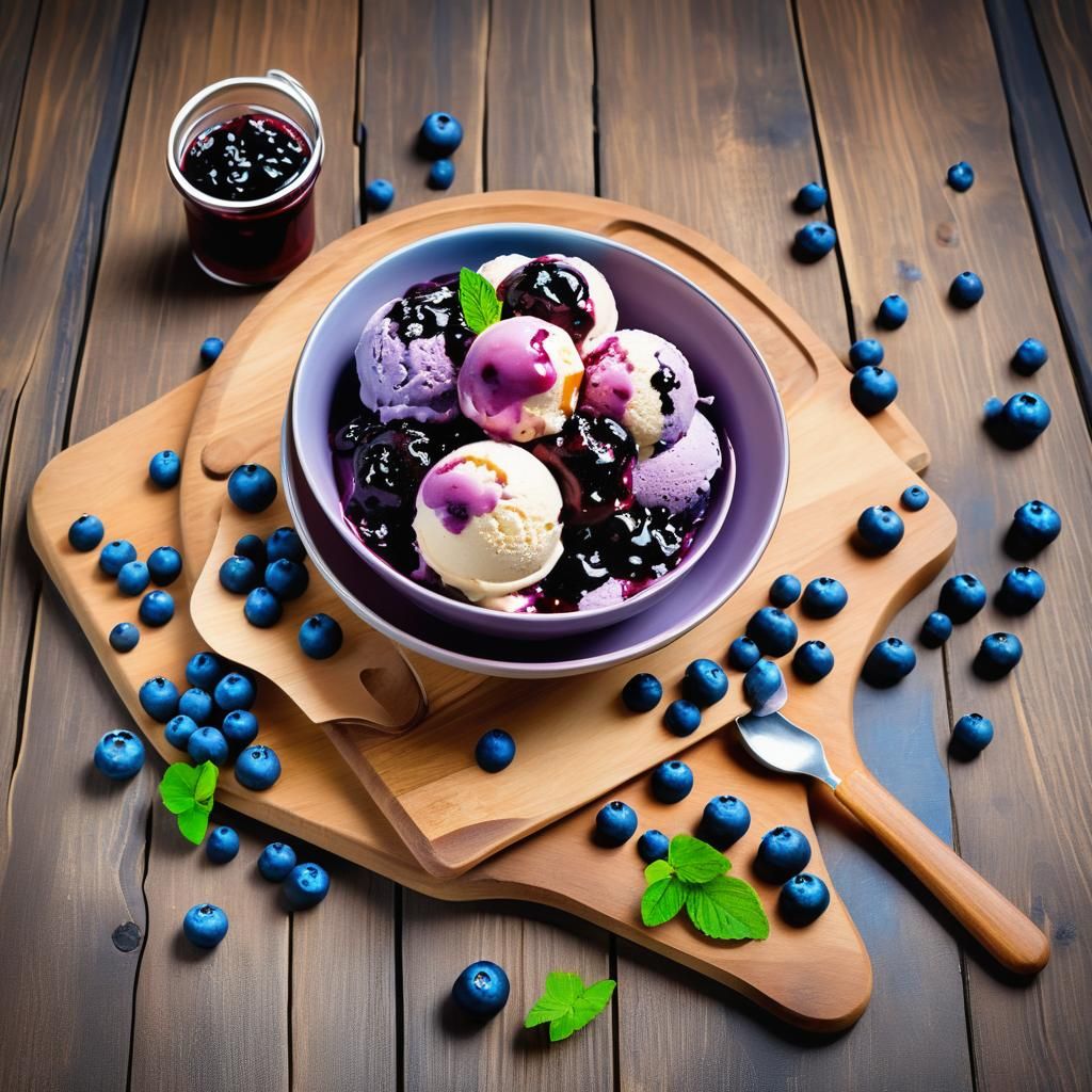 Blueberry Ice Cream with Jam on Wood