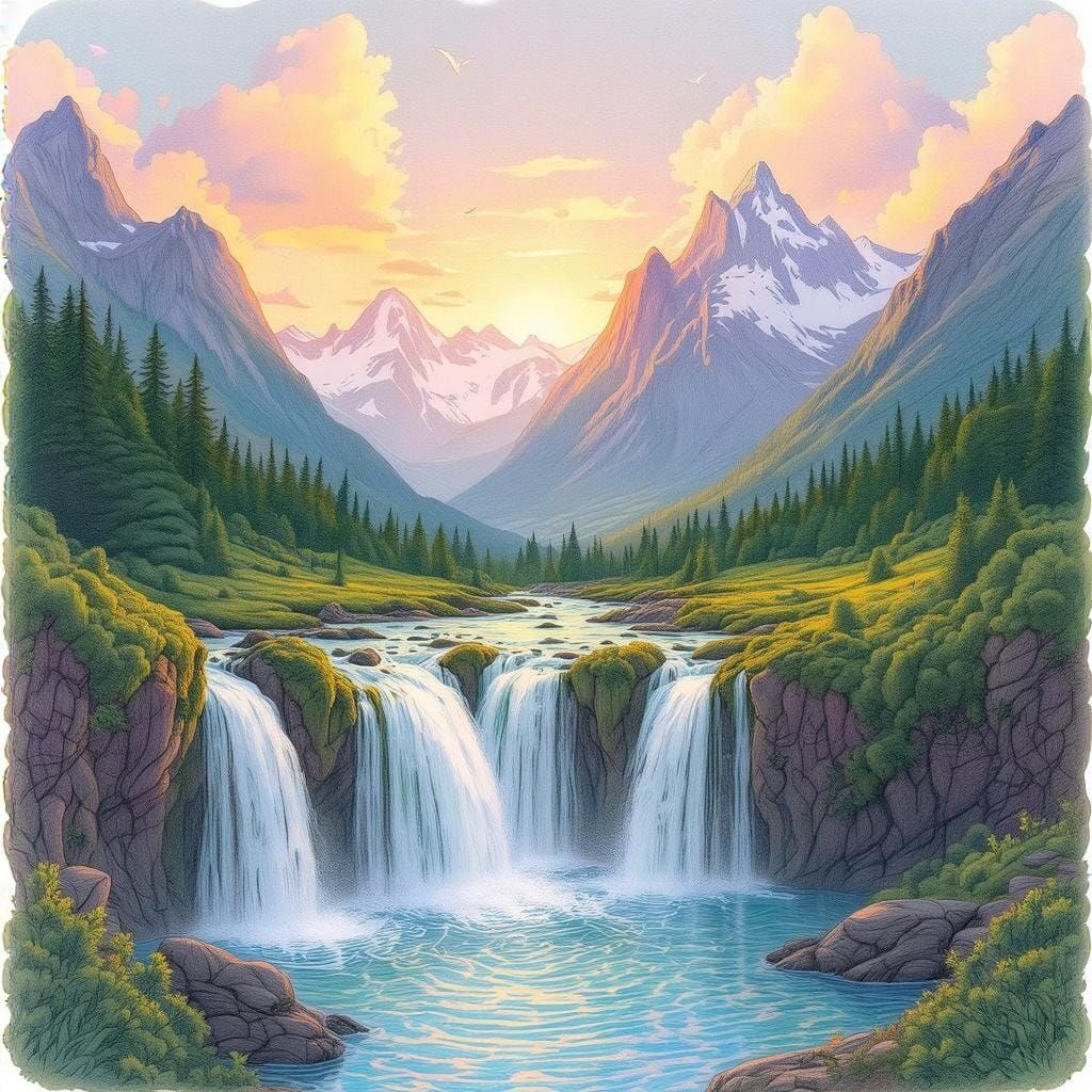 Mountain Waterfalls Colored Pencil Sketch