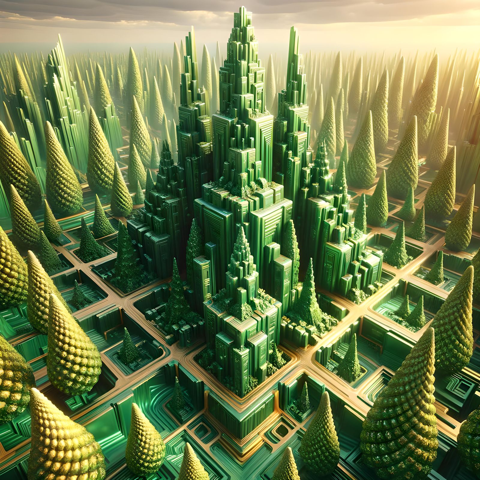 Malachite Fractal Cityscape of Verdant Trees and Rivers