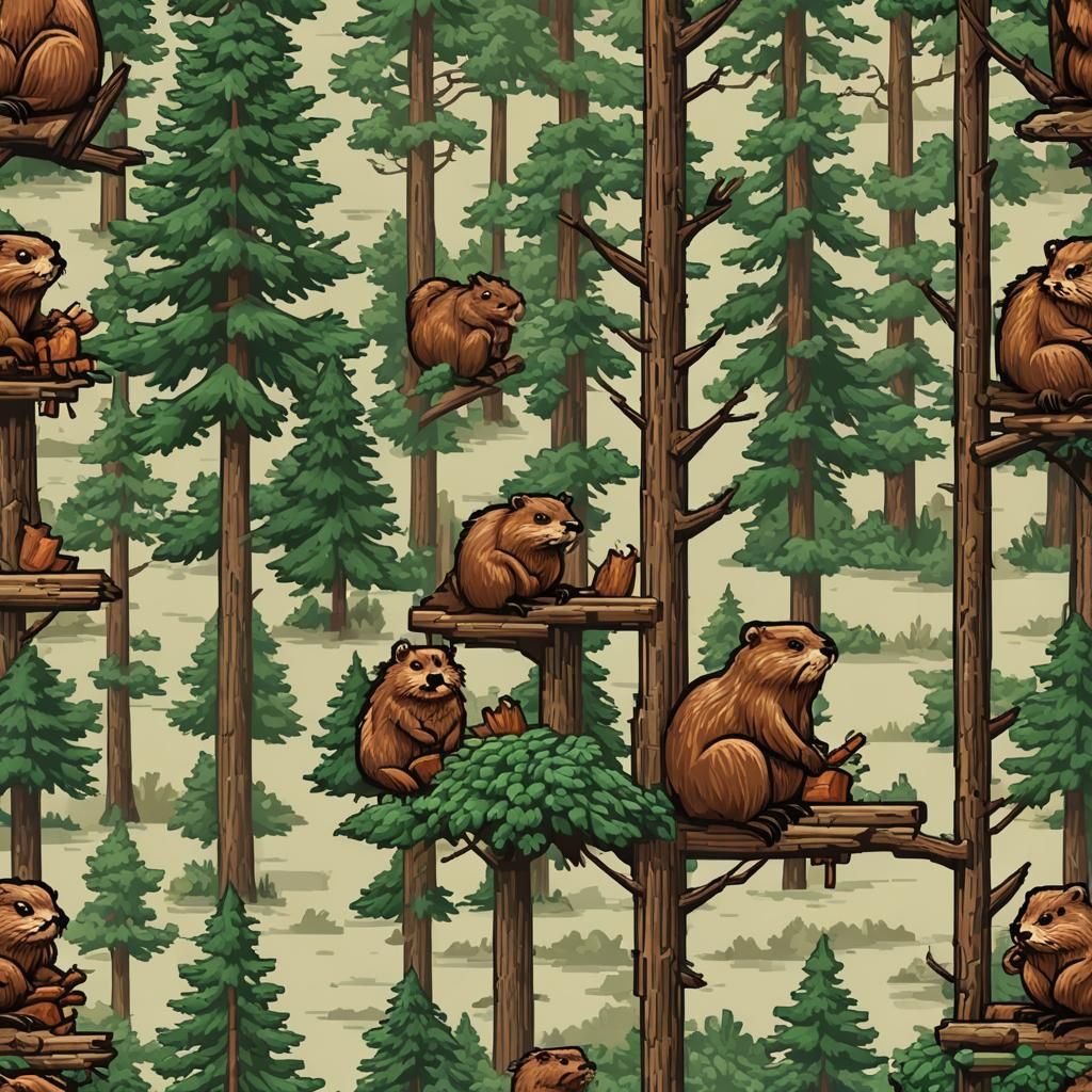 Beaver and Tree Sign in Pixel Art