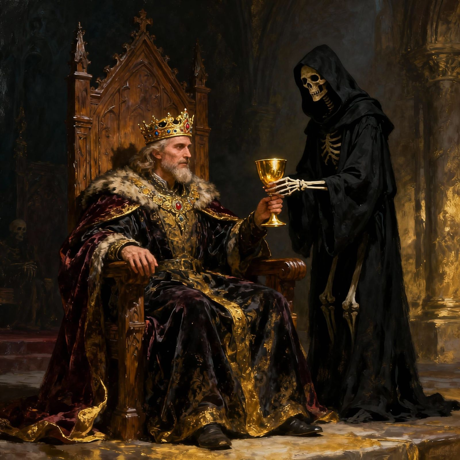 Dark Fantasy King Receives Chalice From Skeleton
