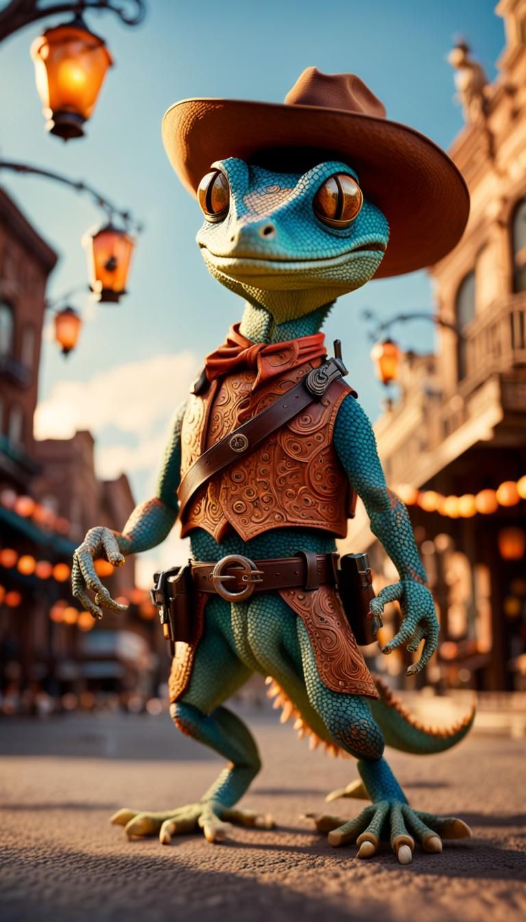 A Gecko wearing a six shooter gun belt and cowboy hat standi...