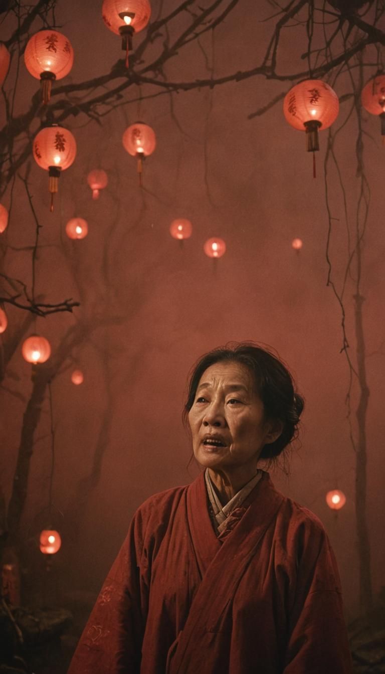 Surreal Asian Woman in Red Fog, Giger-Inspired
