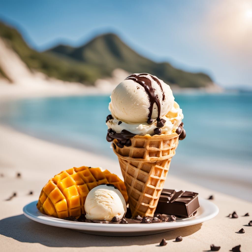 Hyper-Realistic Watercolor Ice Cream on Tropical Beach