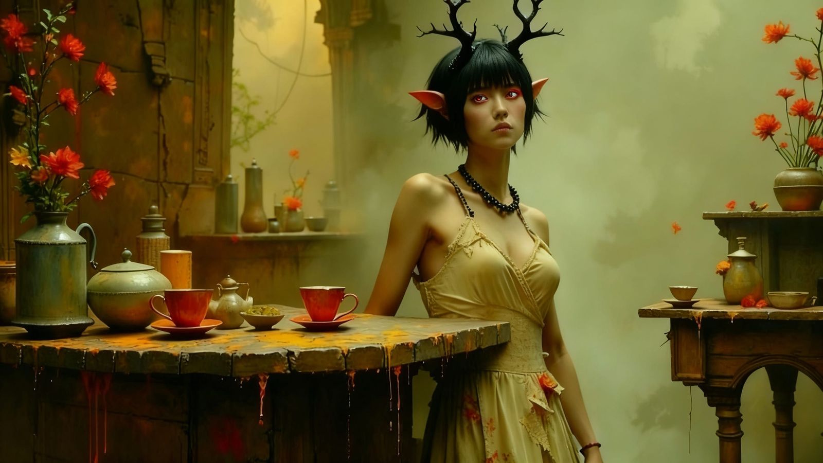 Elf Character Sleeping in Cafe, Dark Oil Paint Style