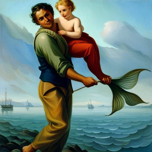 Fisherman and Mermaid Embrace by the Sea