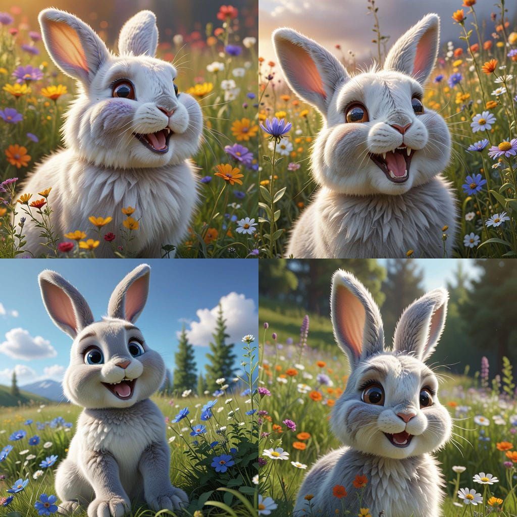 Joyful Bunny Laughing in a Colorful Meadow