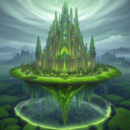 Majestic Peridot Palace in a Dreamlike Green Landscape