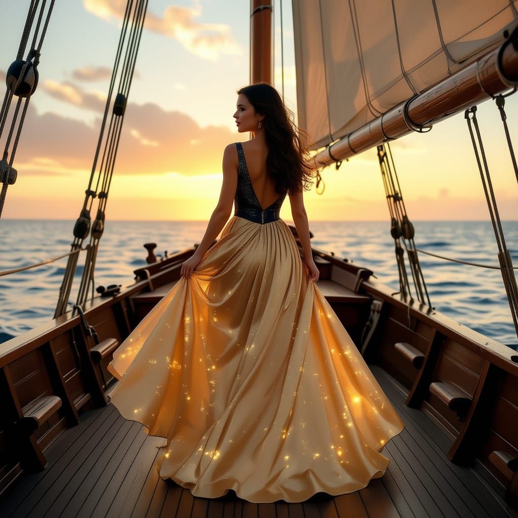 Woman in Golden Gown on Ship at Sunset