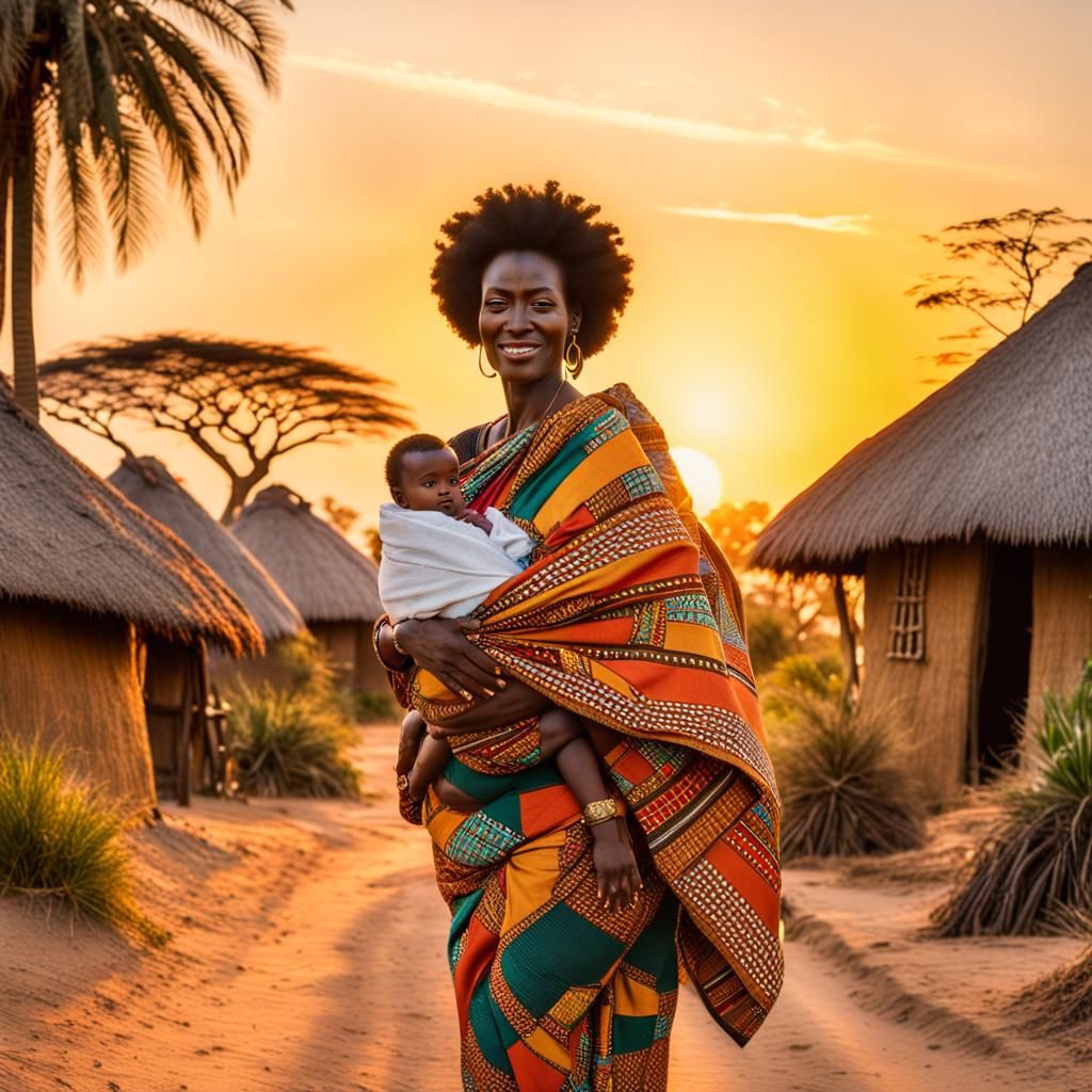 African Woman and Child at Sunset