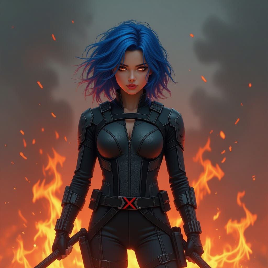 Blue-Haired Girl in Black Widow Suit Amidst Inferno