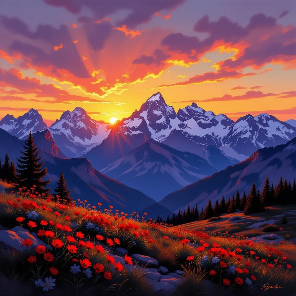 Majestic Mountain Sunset with Red Wildflowers Oil Painting