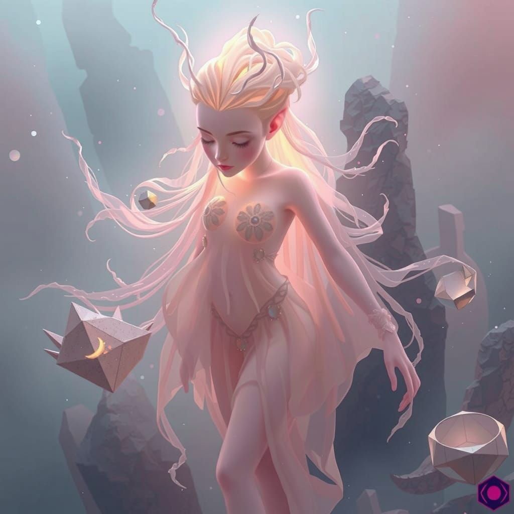 Ethereal Pink Ghostly Woman in Iridescent Gown