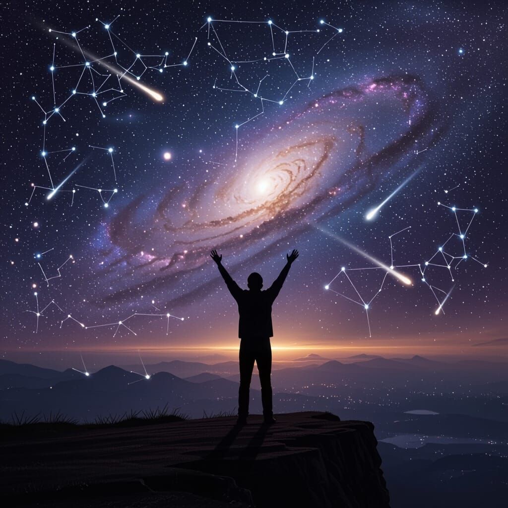 Figure Praying Under Cosmic Sky