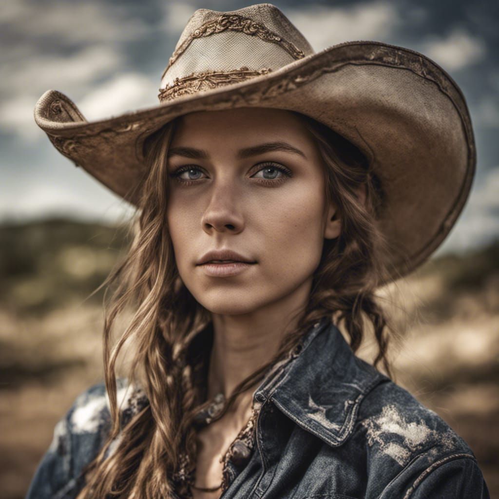 Country Girl Portrait in Cowboy Hat, Hyperrealistic