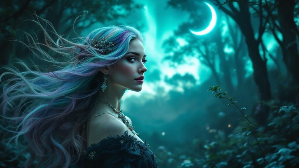 Mystical Woman in Teal Forest, Photorealistic Style
