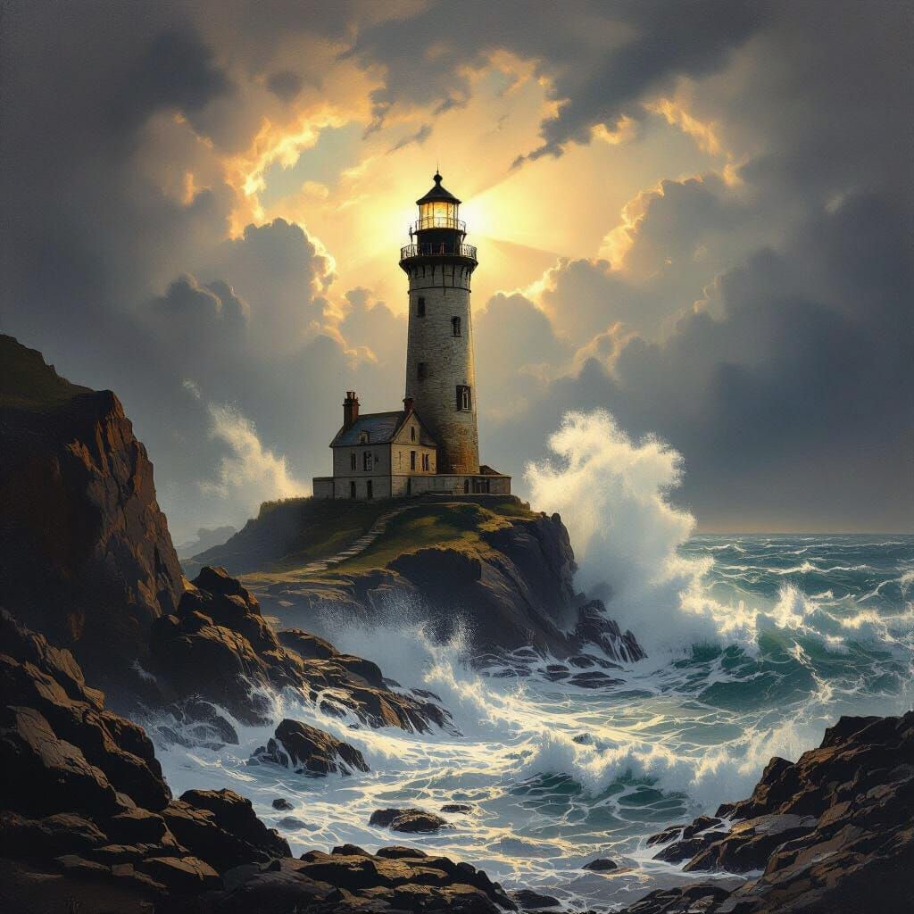 Dramatic Lighthouse Against Stormy Sea in Romanticism Style