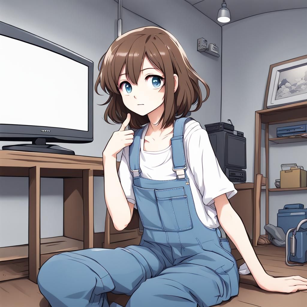 Anime Girl Watching TV in Modern Basement