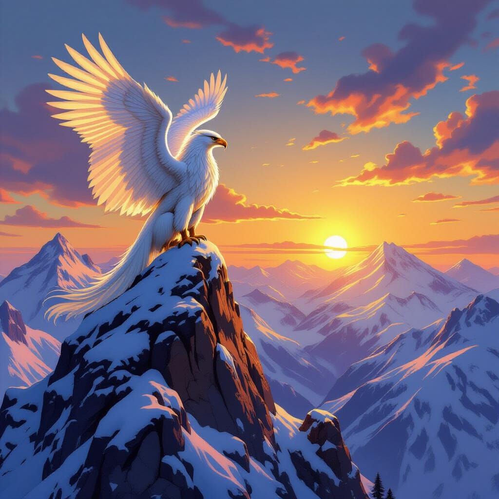 Griffin Surveys Kingdom at Sunset: Art Nouveau Style