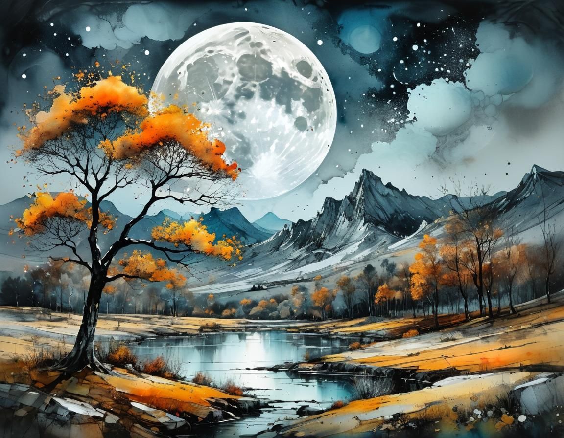 Autumn Landscape with Silver Moon in Watercolor Style