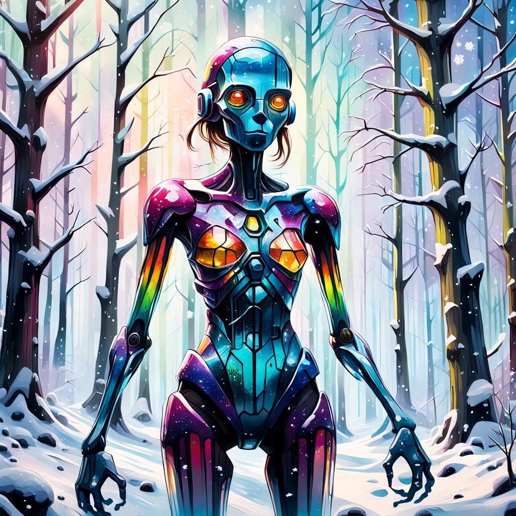 professional photo, transparent, slender, female golem made of glass, snowy forest, bright colors, bright sunlight,
v.2....