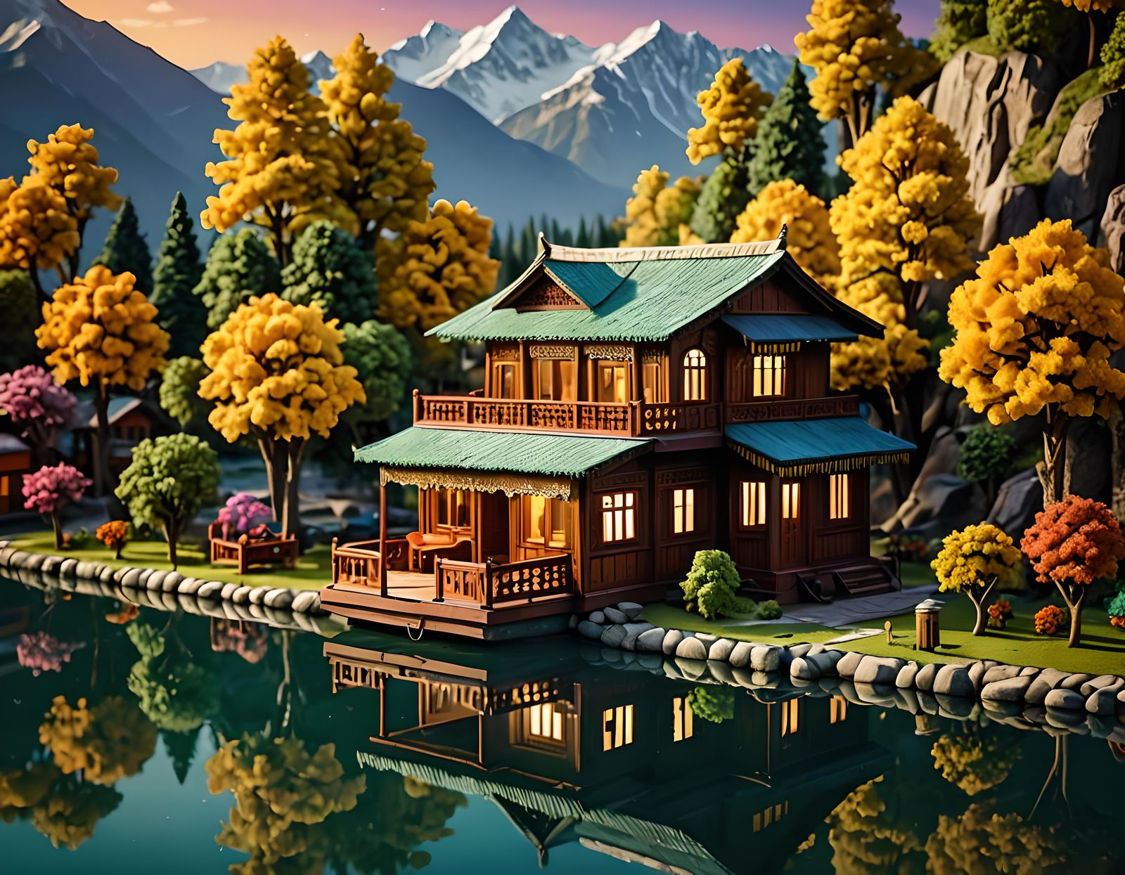 Cozy Kashmir Houseboat Diorama in Isometric View